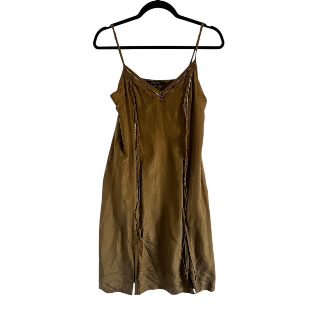 AllSaints Olive Silk Zipper Slip Dress Sz US 6